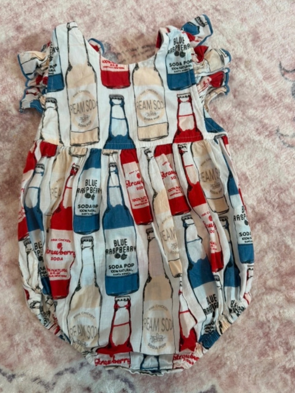 Pink Chicken Soda Bottle Print Bubble Romper – 6–12 Months